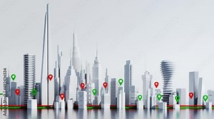 Modern city template 3D rendering animation with city transport lines and GPS icons indicators.