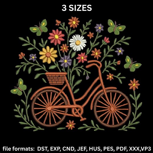 Floral Bicycle Embroidery Design, Vintage Bike With Flowers, 3 Sizes, Instant Download - Etsy