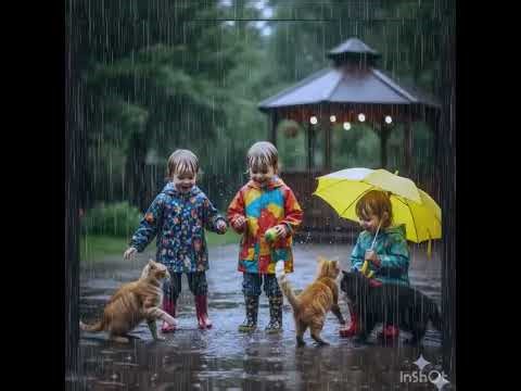 Kids Playing with Cats in the Rain