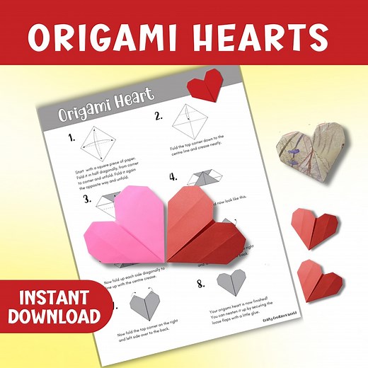 Printable Origami Heart Instructions, Valentine's Craft Download, Loveheart Paper Folding Guide, Easy Hearts Model Making Worksheet - Etsy