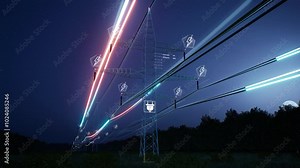 Visualization of fast moving energy travelling through power pole wires over night sky. AR data of interconnected electrical grid network delivering electricity to households, 3d render animation