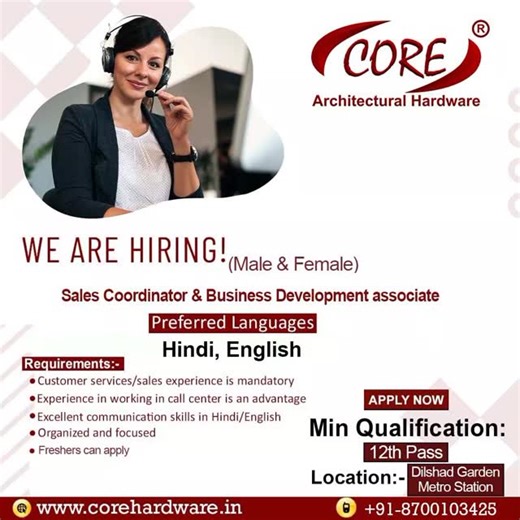 Sheetal Arya on Instagram: "🔔 WE ARE HIRING! 🔔 Core Industries Pvt. Ltd. 📌 Open Positions: ✔ Sales Coordinator ✔ Business Development Associate 👥 Eligibility: ✅ Minimum Qualification: 12th Pass ✅ Freshers & Experienced both can apply ✅ Male & Female both can apply 💰 Salary: ₹10,000 – ₹20,000 (Based on skills & performance) 🎯 Job Responsibilities: • Sales coordination & client follow-ups • Lead generation & business development • Customer handling 📞 Contact No.: 9310271505, 8810589958 👉 C
