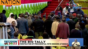Commotion at Bomas of Kenya auditorium as police block Azimio presidential candidate Raila Odinga's chief agent Saitabao Ole Kanchory from accessing the result verification form area. | Nation