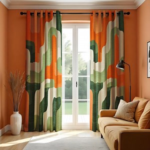 Retro Abstract Curtains, Geometric Wave Design Drapes, Mid Century Modern Window Treatment, Bold Orange Green Beige Curtain Panels - Etsy