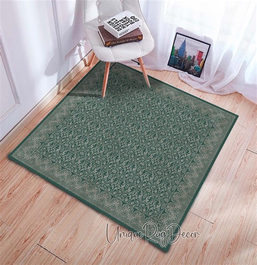 Green Damask Pattern Square Rug Luxury Dining Room Carpet - Etsy