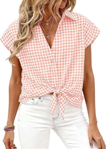 PRETTYGARDEN Womens Button Down Shirts V Neck Short Cap Sleeve Collared Plaid Tops Summer Spring Casual Blouses Clothes