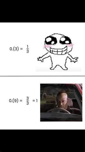 INTEGRA — Online Math School on Instagram: "🧠 0.(3): Instantly accepted as 1/3 ❤️ 🧠 0.(9): “I still have to prove I’m 1??” 😭 Math said equality is fair… but not equally trusted. Yes: 0.999… = 1 Same value. Different reputation. If limits, infinite decimals, and real numbers finally make sense when turned into memes, you’re in the right place. We teach limits, decimals, fractions, proofs, calculus, and number theory without the headache. 📤 Share this with someone who still doesn’t believe 📌