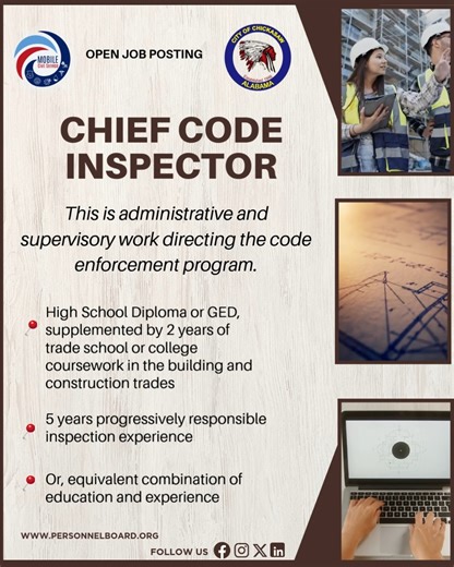 For more information and to apply for Chief Code Inspector (City of Chickasaw) follow this link: https://www.governmentjobs.com/careers/mobilecounty/jobs/5218616 #lovemyjob #bestjobever #chickasaw | Mobile County Personnel Board