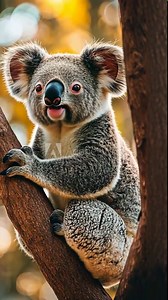 Koala bear with fluffy ears and a black nose clings to a tree branch, showcasing its adorable features in a natural setting