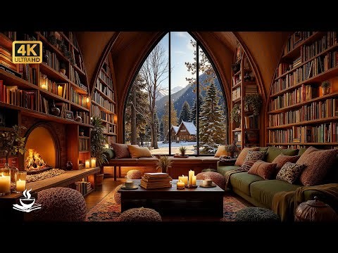 Cozy Winter Library Jazz 📚 Warm Fireplace Sounds, Quiet Reading Mood & Snowfall Serenity