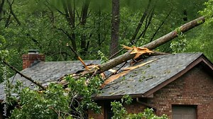 Fallen tree on roof causing damage to shingles and structure of a residential brick home after storm