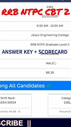 RRB NTPC CBT 2 Scorecard Vs Answer Key score | Cutoff | #shortsfeed #rrb #answerkey #cglresult