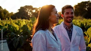 Young Biotechnologists Examining Baby Plant Under Magnifying Glasses at Organic Farm
