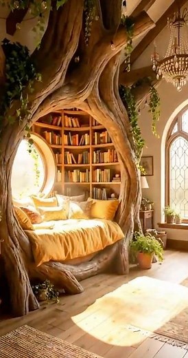 “Cozy Tree-Hollow Reading Nook with Round Glass Window | Dreamy Forest Escape Design”