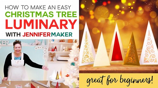 Learn how to make these beautiful Christmas tree luminaries to warm up your home this winter! This is a great beginner project, and requires little more than paper and glue! Get the free pattern, full material and supply list, and printable step-by-step photo tutorial at jennifermaker.com/christmas-luminaries Get on my Gift List to get MORE free craft tutorials and patterns like this at 25daygiftaway.com | JenniferMaker.com