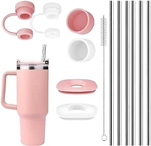 Replacement Straw with Cover Spill Stopper Set for Stanley Cup 40 Oz 30 Oz Tumbler, 6 Stainless Steel Reusable Straws and Cleaning Brush,2 Straw Cover Cap,4 Leak proof Plug for Stanley Cup Accessories