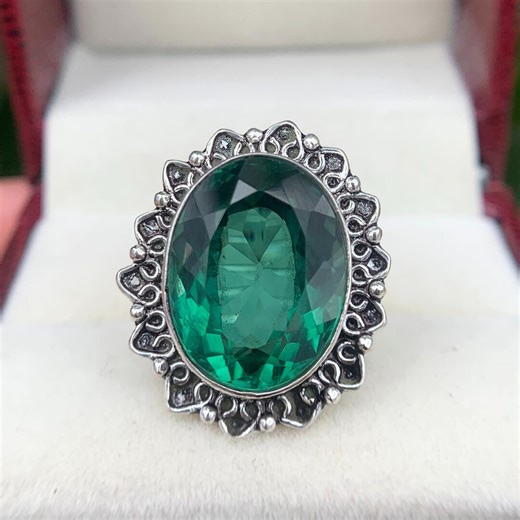 Vintage Emerald Green Gemstone Ring: Antique Silver Filigree Statement Jewelry - Etsy