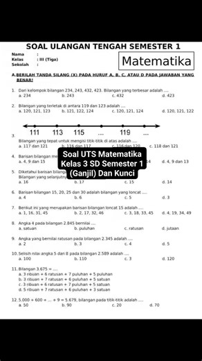 Soal UTS Matematika Kelas 3 SD Semester 1 (Ganjil) Dan Kunci Untuk melihat lebih lengkap silahkan buka Halaman Mimin 😉 banyak postingan menarik lainnya 😌 Jangan lupa ikuti halaman mimin untuk mendapatkan notifikasi saat mimin Up materi, soal dan Informasi pendidikan lainnya #reels #soalsd #matematika #worksheet #gurusd #pgsd | JALUR PPG