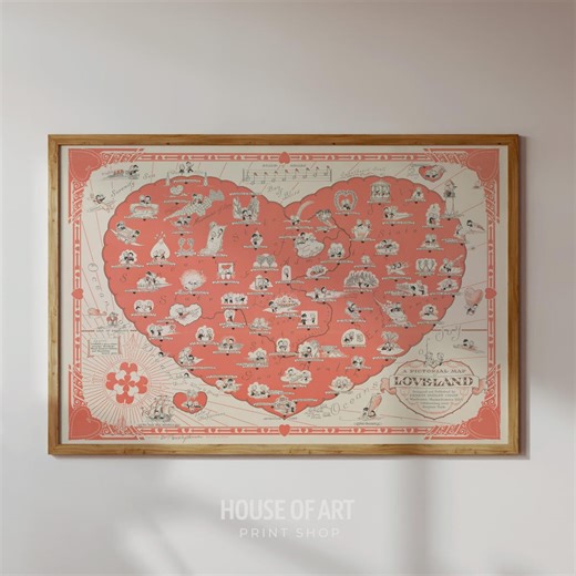 Valentines Day Loveland Map Art, Heart Illustration, Vintage Valentine Decor, Love Print, Digital Download - Etsy