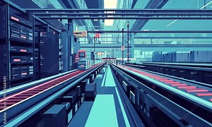 A modern industrial facility with conveyor belts and machinery for transporting goods.