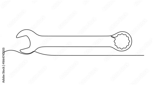 Self animated continuous one line drawing of a screwdriver. Full length one line animation, One animated mechanical wrench for nuts drawn in one continuous line black color isolated on white