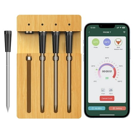 98FT Wireless Meat Thermometer BT Smart APP Control 4 Probes Meat Thermometer for Grilling and Smoking Waterproof Type-C Rechargeable Food Cooking Thermometer for BBQ Oven Grill Smoker - Walmart.ca