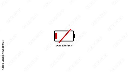 Low battery warning in minimalist style with a red diagonal strikeout line crossing the battery indicating depletion or low power animated interface for mobile phones