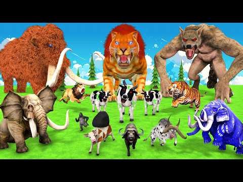 10 Zombie Cow Vs 10 Giant Tiger Wolf VS 10 Mammoth Elephant Gorilla Cow Saved By Mammoth Hide & Seek