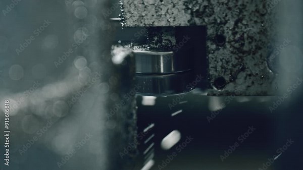 Close-up of an industrial metal lathe machine cutting a metal piece with precision, creating sparks and shavings. Perfect for manufacturing and industry content