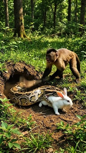 ​🌍 BRAVE RESCUE! 🐒 Monkey Fights Python With Stick To Save Rabbit 🐍🛡️ #Wildlife #Hero #Discovery💥