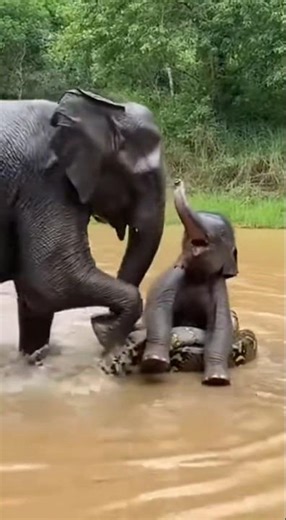 A mother elephant and her elephant encounter a large python in the water.
