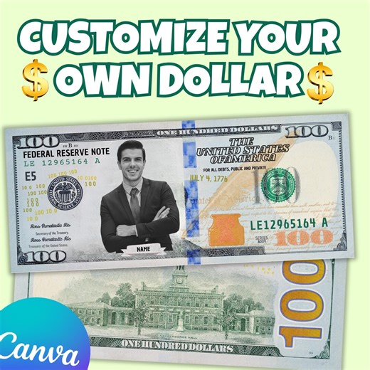 Custom 100 Dollar Bill Canva Template – Editable Photo Money, Front and Back, Personalized Name and Date, Printable Prop, Instant Download - Etsy