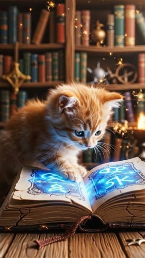 Small cat learns magic spells from ancient glowing book 📖 ✨#ai #cat #magic #books