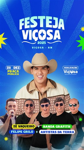 Festeja Viçosa on Instagram: "🎉 Festeja Viçosa 2025 🎶 A Prefeitura de Viçosa preparou uma programação especial para celebrar os 62 anos de Emancipação Política do nosso município! No dia 28 de dezembro, Viçosa será palco de uma grande festa, marcada por muita música, alegria e emoção. 💥 E para tornar essa noite inesquecível, o palco do Festeja Viçosa 2025 receberá: ✨ Artistas da Terra - Maria Elvira, Ana Dias e Cauã Oliveira ✨ Zé Vaqueiro - O Original ✨ Banda Grafith - A maior do RN ✨ Felipe 