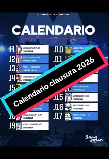 Calendario del Club de Fútbol Monterrey Clausura 2026
