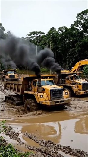 Heavy Equipment Struggle: Trucks Belching Smoke in the Mud Pit