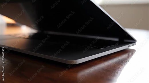 Silver laptop computer closing on a wooden desk. Screen shutting down to finish work. End of the day concept