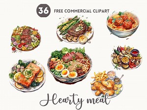 Hearty Meal Watercolor Clipart Bundle Free Commercial Cuisine PNG Clipart Downloadable, Chicken Pie, Salmon, Beef, Fajita, Fish Chip, Noodle - Etsy