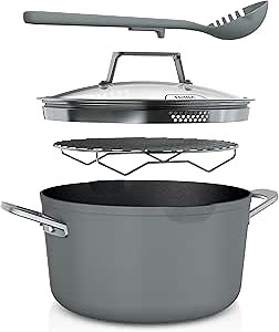 Ninja CW202GY Foodi NeverStick PossiblePot, Premium Set with 7-Quart Capacity Pot, Roasting Rack, Glass Lid & Integrated Spoon, Nonstick, Durable & Oven Safe to 500°F, Sea Salt Grey