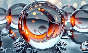 Water droplets shimmer in the soft morning light, creating a captivating display of reflections and colors over a smooth surface