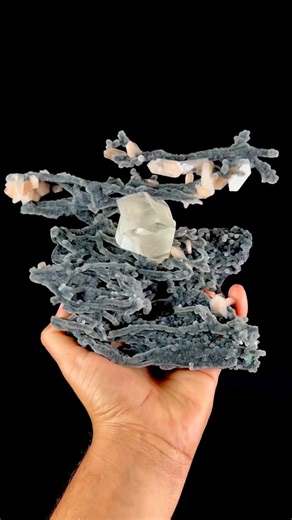 When the day shall come & nature is asked to show off what’s the craziest thing it created. Nature would smile & show this off Unbelievable specimen of Shimmering Black Chalcedony Stalactite with Calcite & Stilbite, from Jalgaon, Maharashtra, India. | Superb Minerals