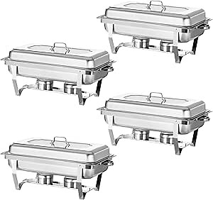 Chafing Dish Buffet Set 4 Pack 8QT Stainless Steel Food Warmer Chafer Complete Set with Water Pan, Chafing Fuel Holder for Party Catering