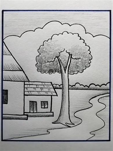 From blank page to cozy riverside home in 1 minute! Perfect for beginners 😌 Save this for your next sketch session ✨ #SpeedDrawing #Scenery #PencilDrawing #RelaxingArt #TreeDrawing