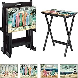 Cape Craftsmen Rectangular TV Trays Table | Set of 4 | Easy Folding Couch Trays with Storage Rack | Decorative Portabe Serving Tables for Home Activities (West Coast Beach)