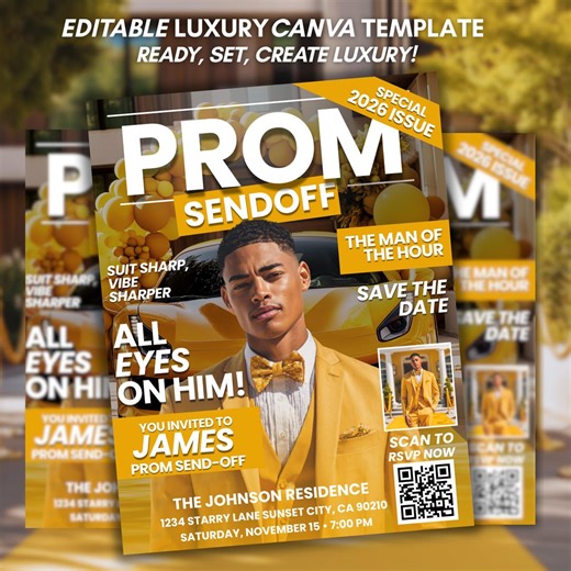 High School Prom Send off Magazine Invitation, Prom Gold Boys Party Invite, Yellow Prom Night Flyer, Editable Canva Template Download - Etsy UK