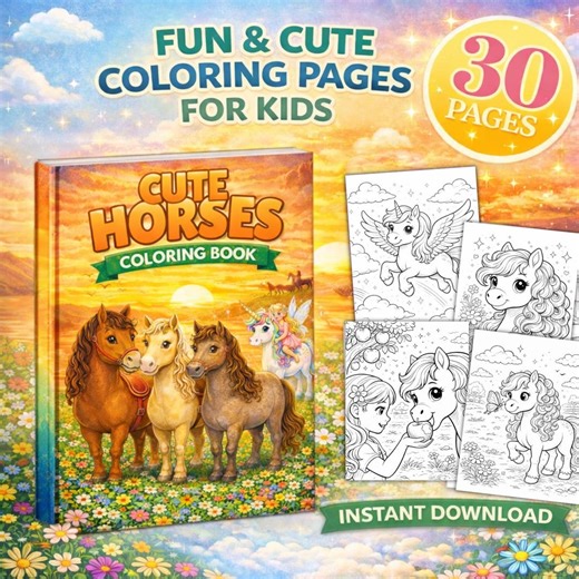 Horse Coloring Pages for Kids, Cute Horses Coloring Book, Unicorn Coloring Pages Printable, Kids Coloring Book PDF, Instant Download - Etsy