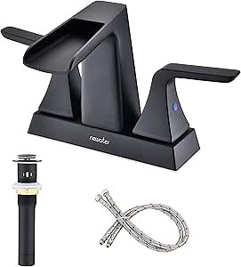 Waterfall Bathroom Faucets for Sink 2-3 Hole, NEWATER 4 inch Matte Black Bathroom Sink Faucet with Metal Pop-up Drain and 2 Supply Hoses，2-Handle Centerset Vanity Faucet for Sink
