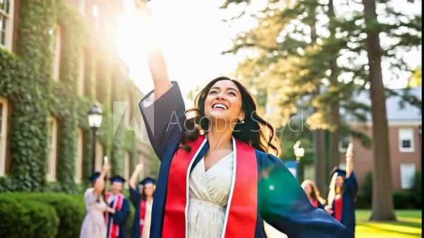 Young woman celebrating graduation with cap toss and happy expression, group of students in background, achievement footage.