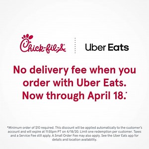 2.6K reactions · 580 shares | A little pick-me-up while you’re staying in: We’re partnering with Uber Eats to offer no delivery fee on all your favorites. Now through April 18. | Chick-fil-A | Facebook