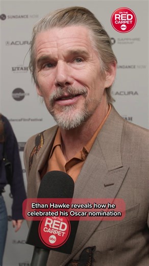 How did Ethan Hawke celebrate his Best Actor Oscar nomination? ⭐ We caught up with him at the Sundance Film Festival, where he shared all the details. Watch the #Oscars LIVE, March 15 on ABC and Hulu. | On The Red Carpet